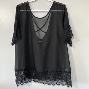 Ali & Kris Womens Size 3X Super Sheer Lace Trim Blouse Strappy Criss Cross
